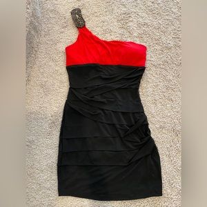 Black and red one shoulder dress